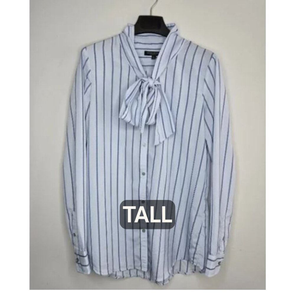 Banana Republic Dillon Shirt M Tall Blue Stripe Tie-Neck Blouse
